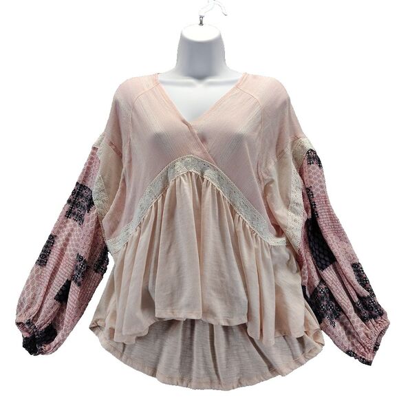 Umgee Pink Peplum Ruffle Blouse Patchwork Balloon Sleeves Bohemian Print Size M - Picture 1 of 11